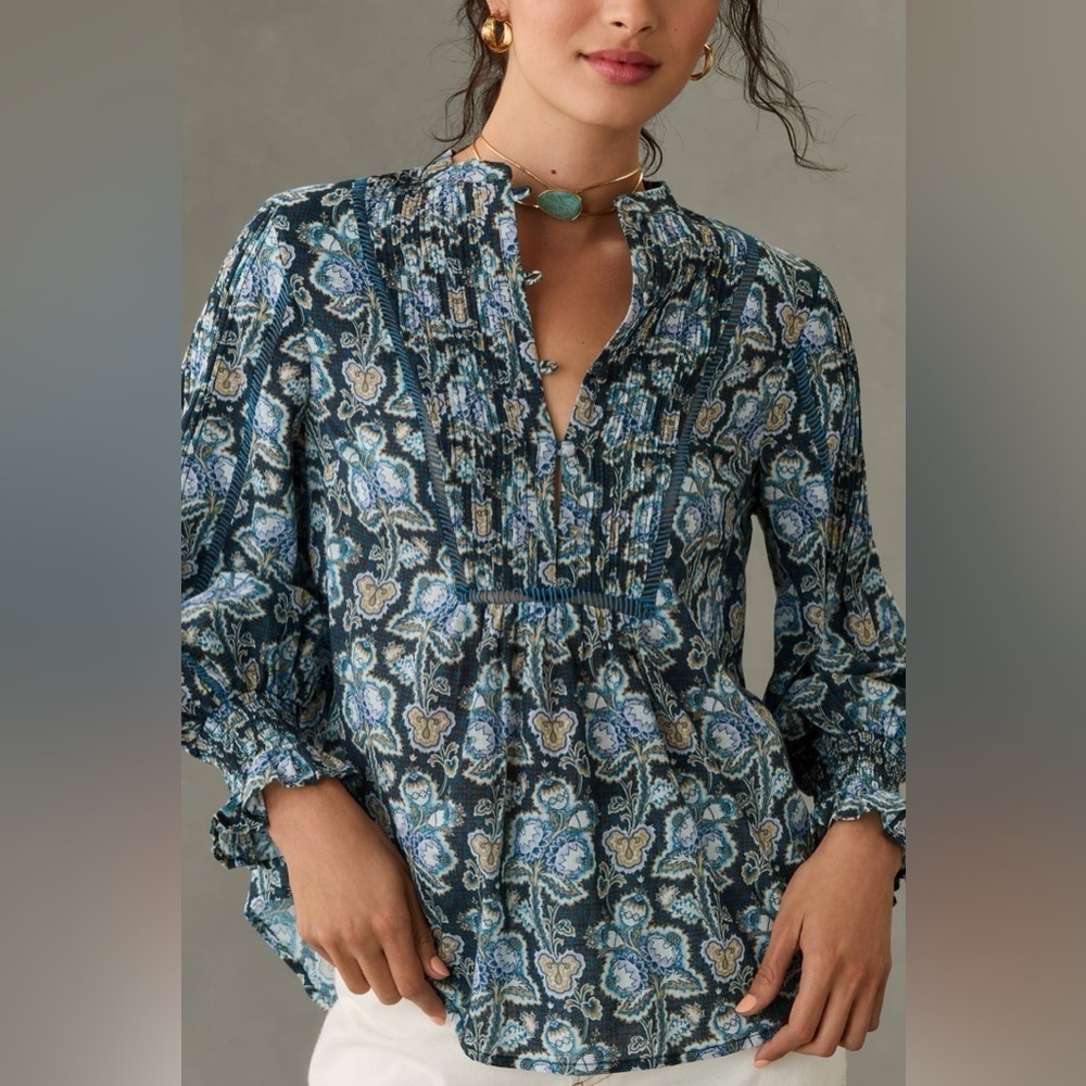 NWT!!  Anthropologie - Henley Peasant Blouse - Medium - Blue/Tan/Purple